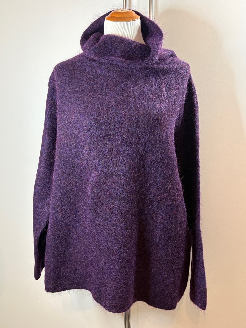 Eileen Fisher Deep Purple Funnel Neck Sweater Mohair Wool Blend L